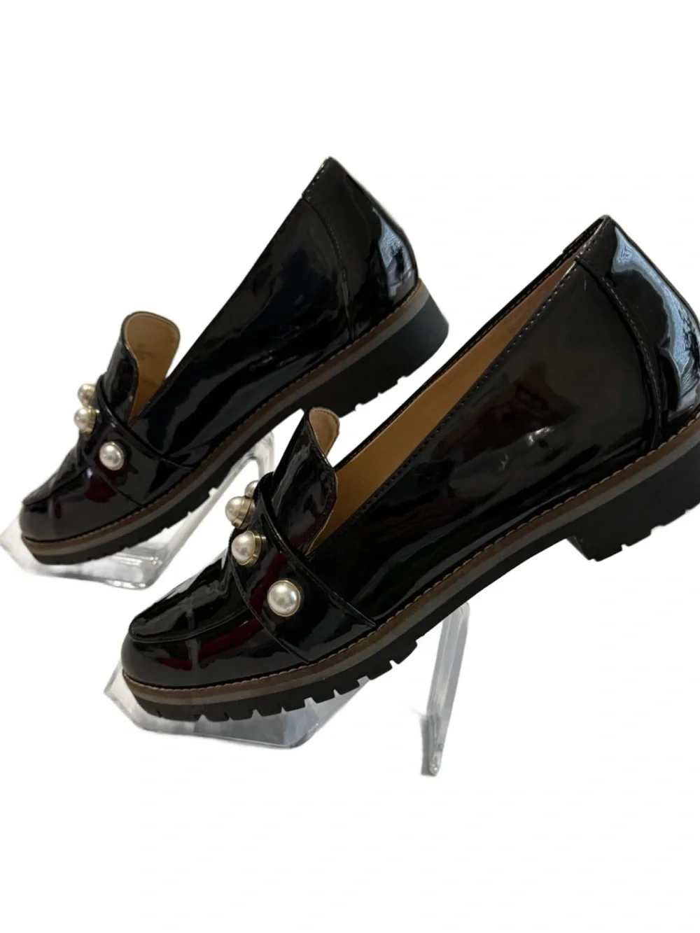 Alex Marie Black Patent Loafers with Pearl Accent. 8M